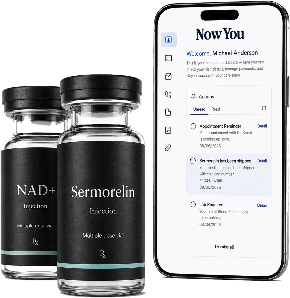 NAD+ and Sermorelin vials with the NowYou app