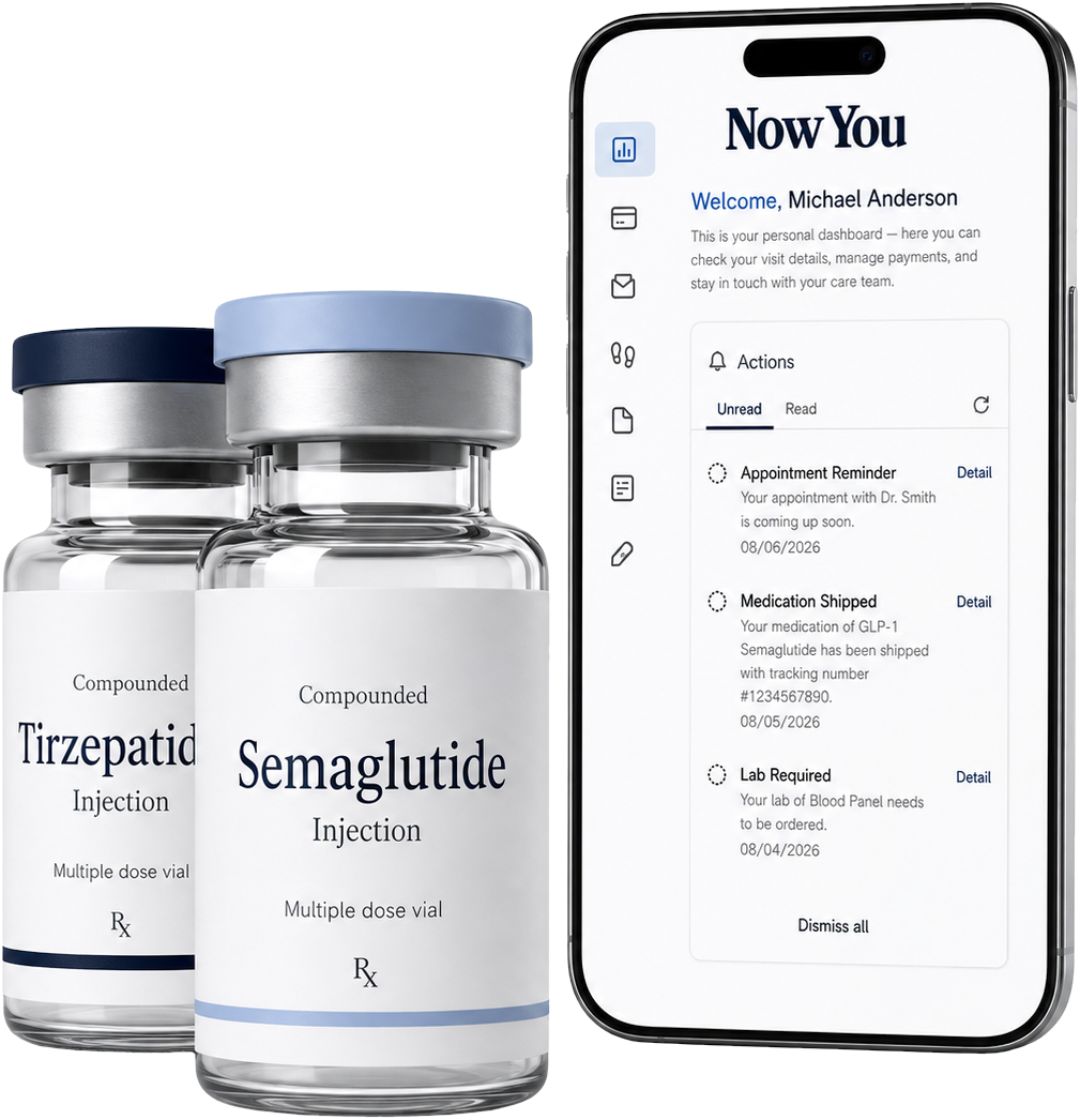 Compounded Semaglutide and Tirzepatide vials next to the NowYou app